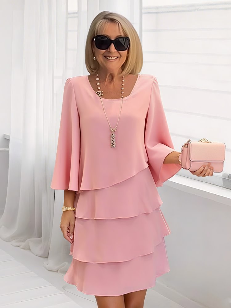 Tiered Dress with Round Neck and Three-Quarter Bell Sleeves