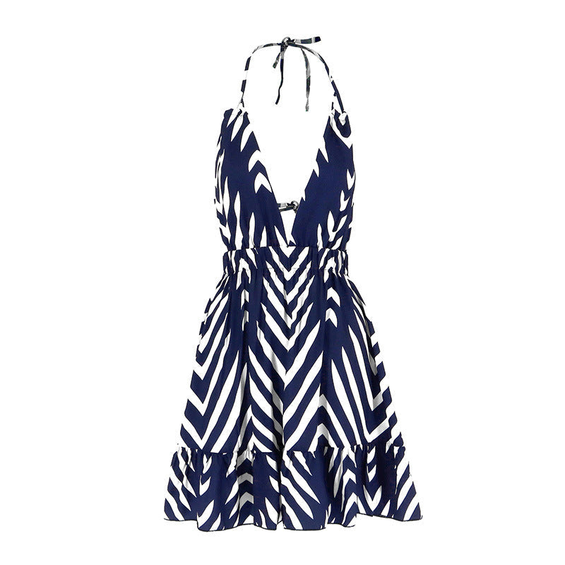 Geometric Print Halter Mini Dress with Deep V-Neck