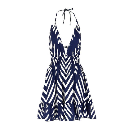 Geometric Print Halter Mini Dress with Deep V-Neck
