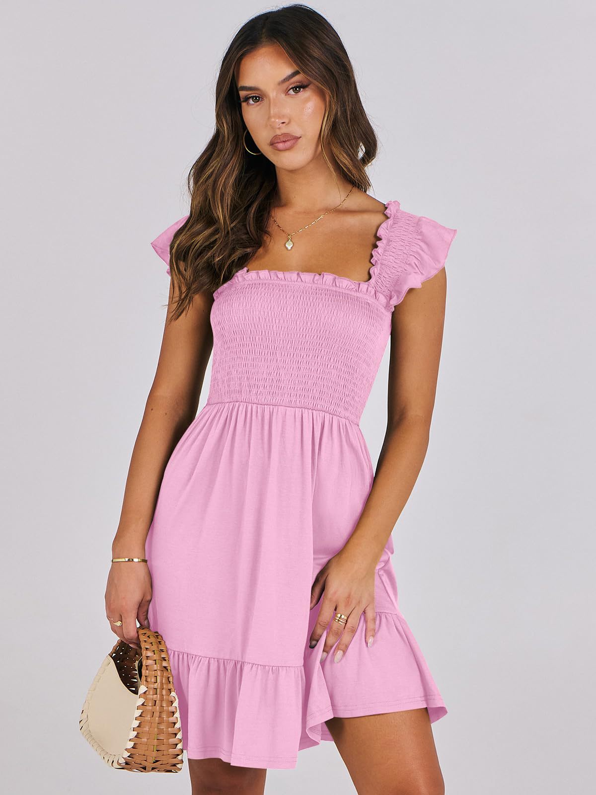 Smocked A-Line Mini Dress with Flutter Sleeves and Ruffle Hem
