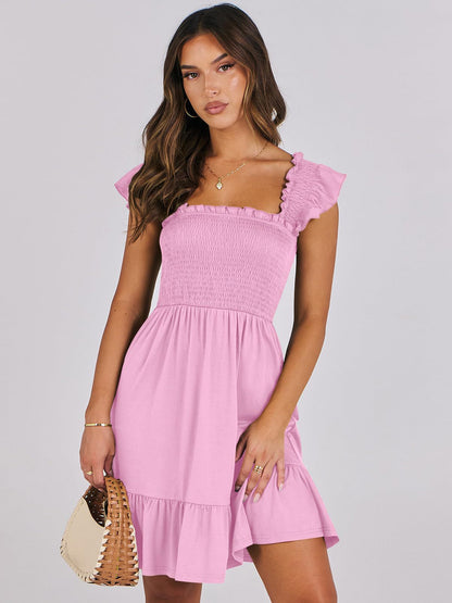 Smocked A-Line Mini Dress with Flutter Sleeves and Ruffle Hem