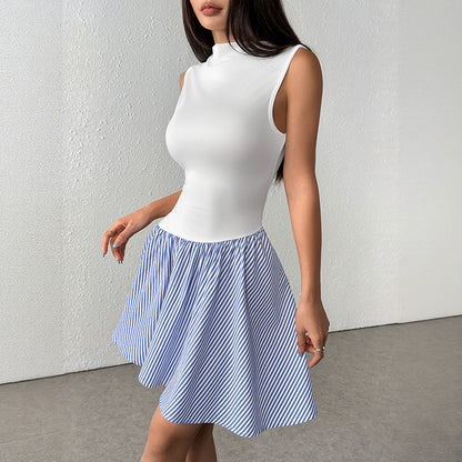 Sleeveless Mock Neck Dress with Striped Patchwork Skirt
