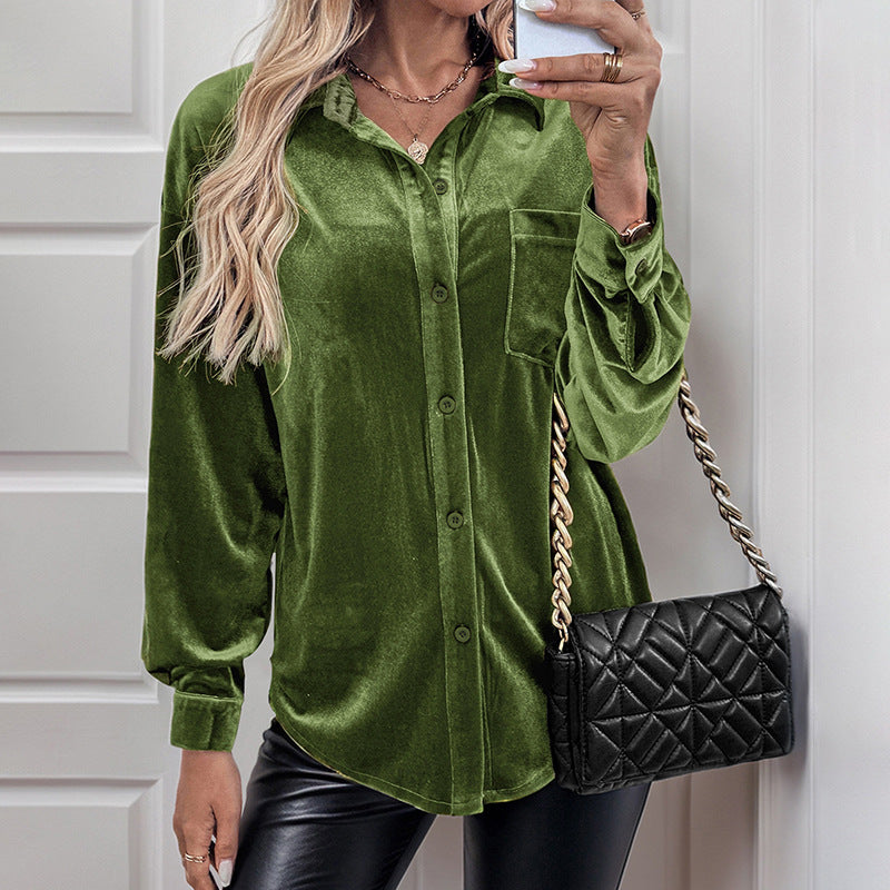 Solid Velvet Button-Down Shirt with Lantern Sleeves