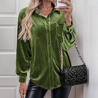 Solid Velvet Button-Down Shirt with Lantern Sleeves