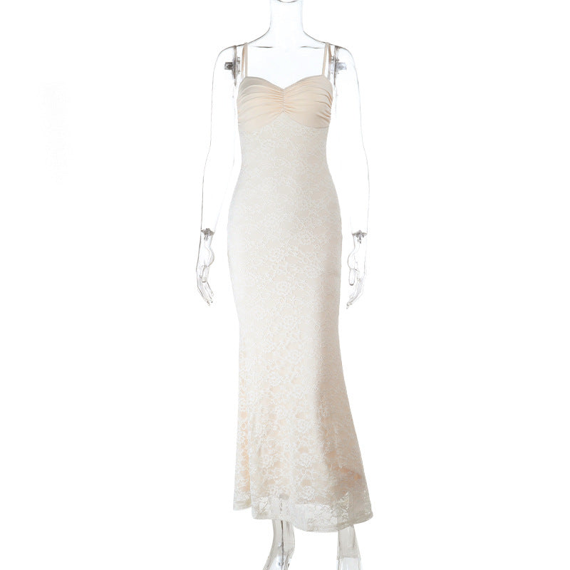 Bodycon Lace Maxi Dress with Ruched Bust and Spaghetti Straps