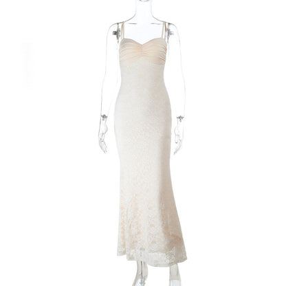 Bodycon Lace Maxi Dress with Ruched Bust and Spaghetti Straps
