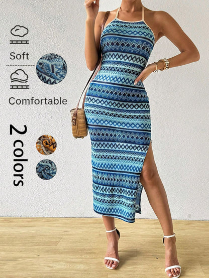 Geometric Print Halter Midi Dress with Side Slit
