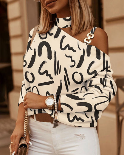 Geometric Print One-Shoulder Top with Choker Halter and Chain Detail