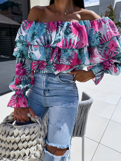 Floral Print Off-Shoulder Blouse with Ruffled Long Sleeves