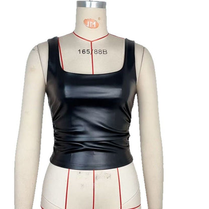 Ruched Square Neck Tank Top in Faux Leather
