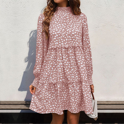 Animal Print Tiered Dress with Half Turtleneck
