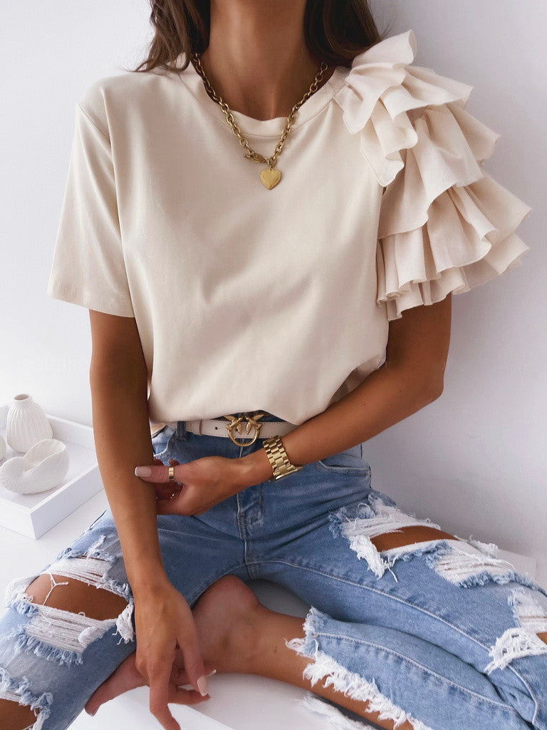 Solid Crewneck T-Shirt with Ruffled Short Sleeves