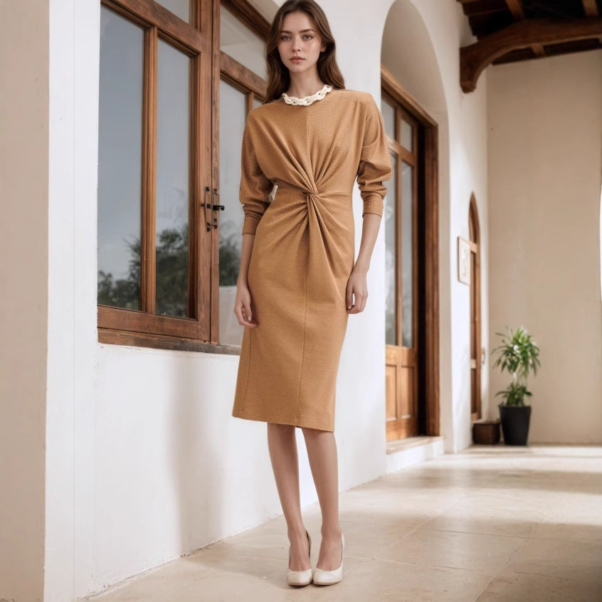 Slim Knitted Midi Dress with Front Twist Detail