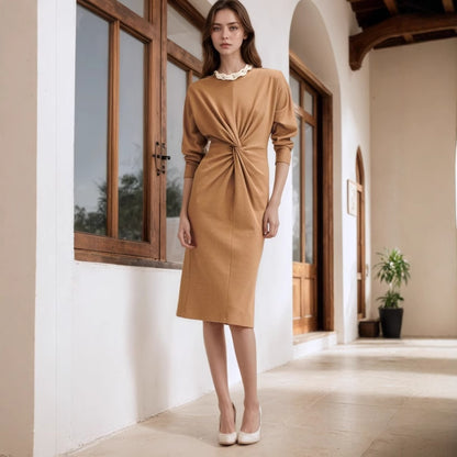 Slim Knitted Midi Dress with Front Twist Detail