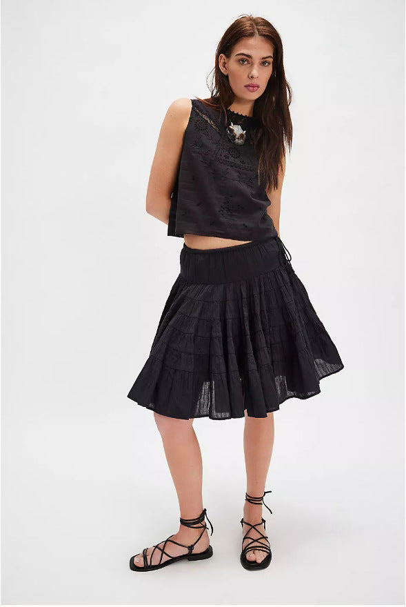 Tiered A-Line Mid Skirt with Drawstring Detail