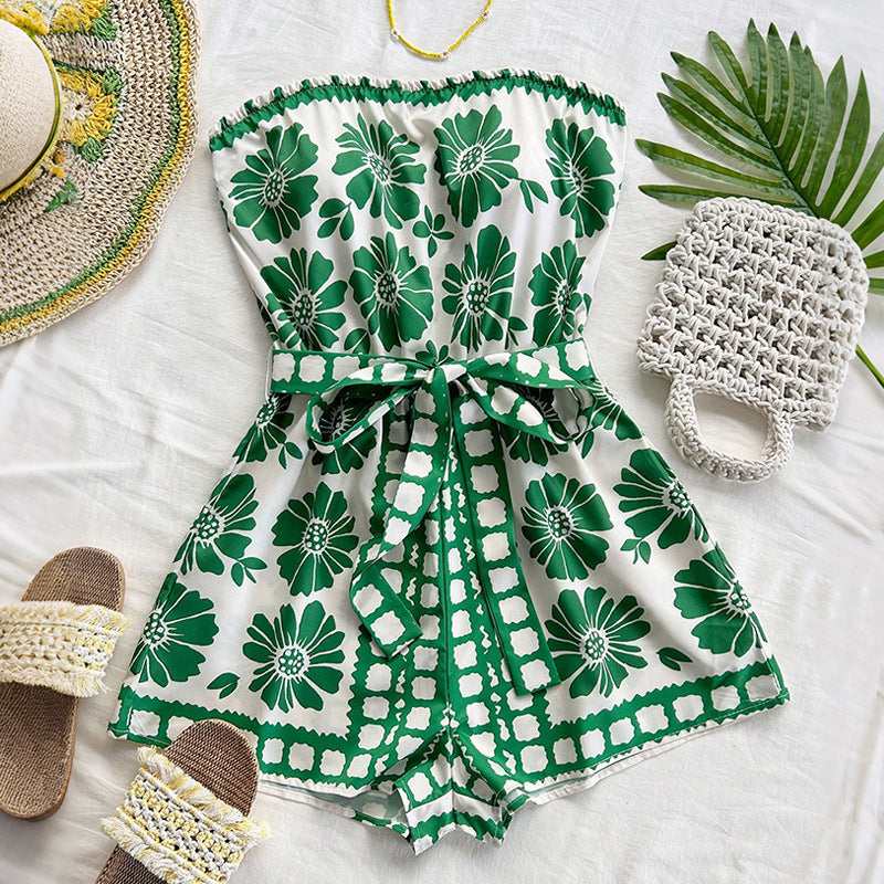 Floral Print Strapless Romper with Tie-Waist and Wide Legs