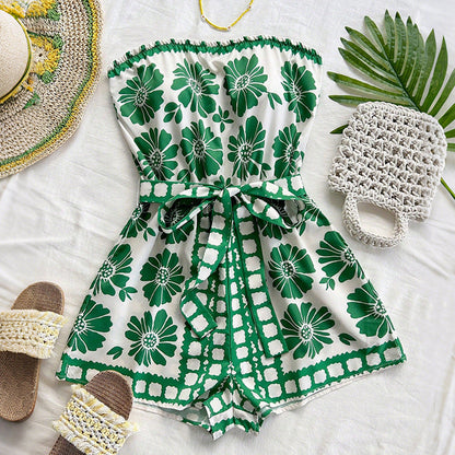 Floral Print Strapless Romper with Tie-Waist and Wide Legs