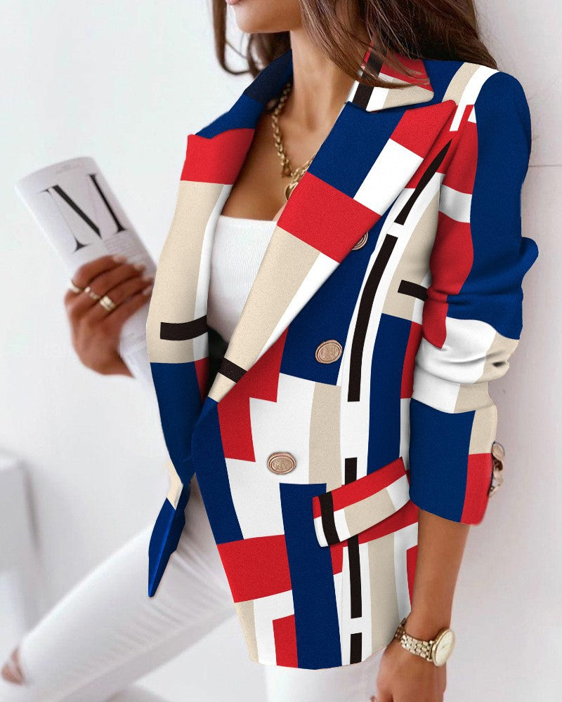 Printed Double-Breasted Blazer with Long Sleeves