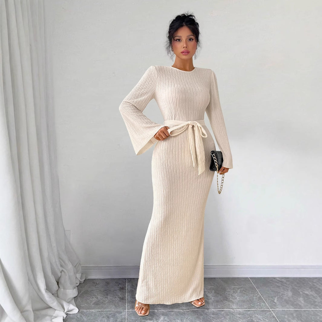 Ribbed Knit Maxi Dress with Bell Sleeves and Tie Waist