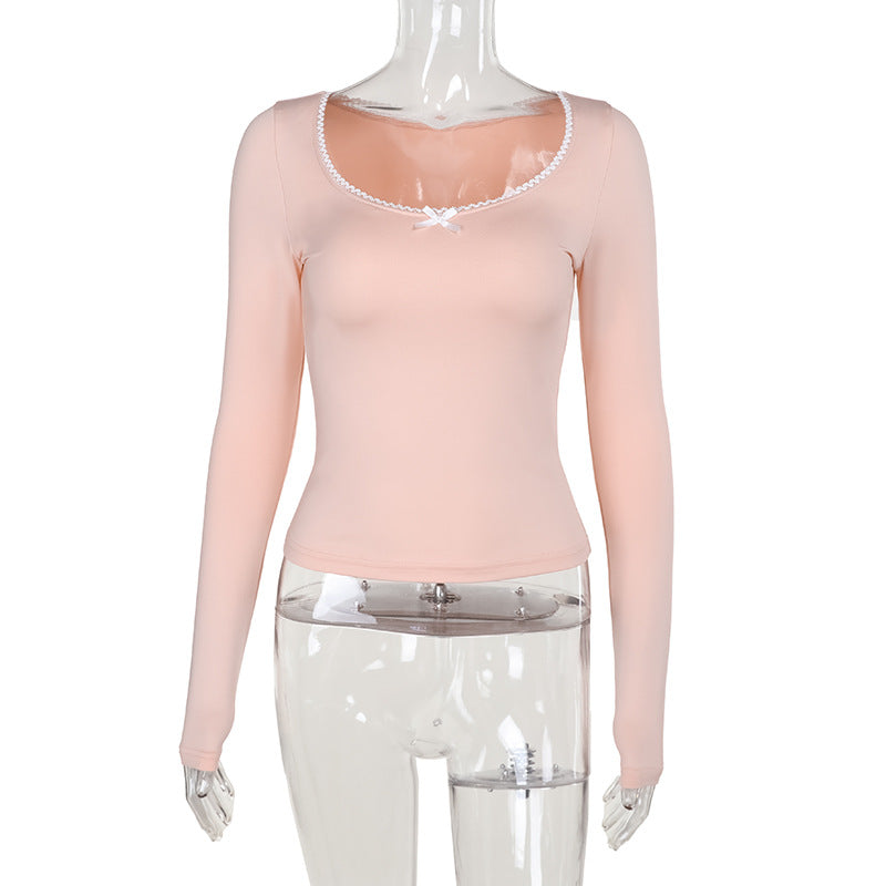 Bodycon Long Sleeve Top with Lace-Trimmed U-Neck and Bow Detail