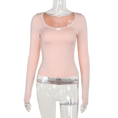 Bodycon Long Sleeve Top with Lace-Trimmed U-Neck and Bow Detail
