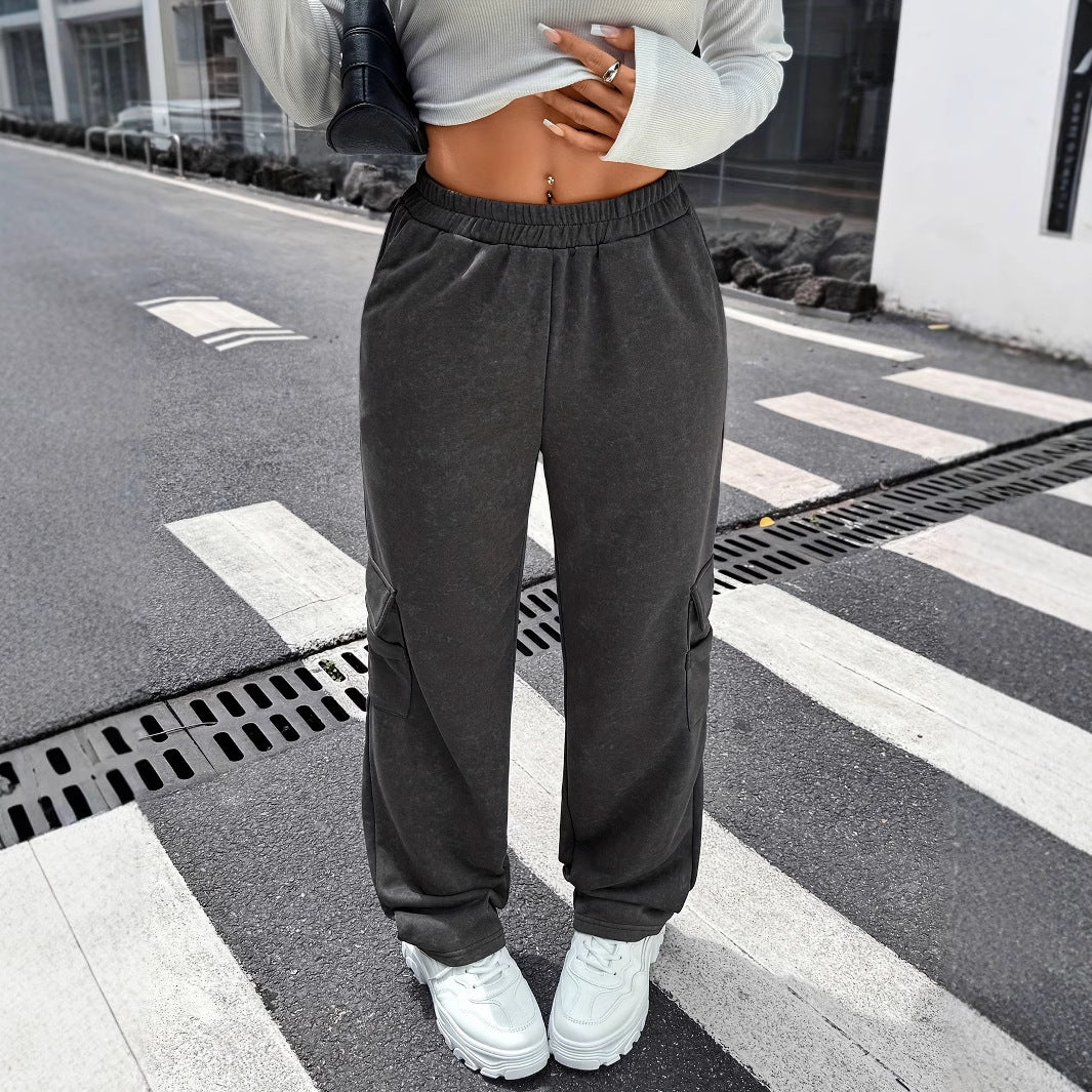 Loose Straight-Leg Sweatpants with Elastic Waist and Cargo Pockets