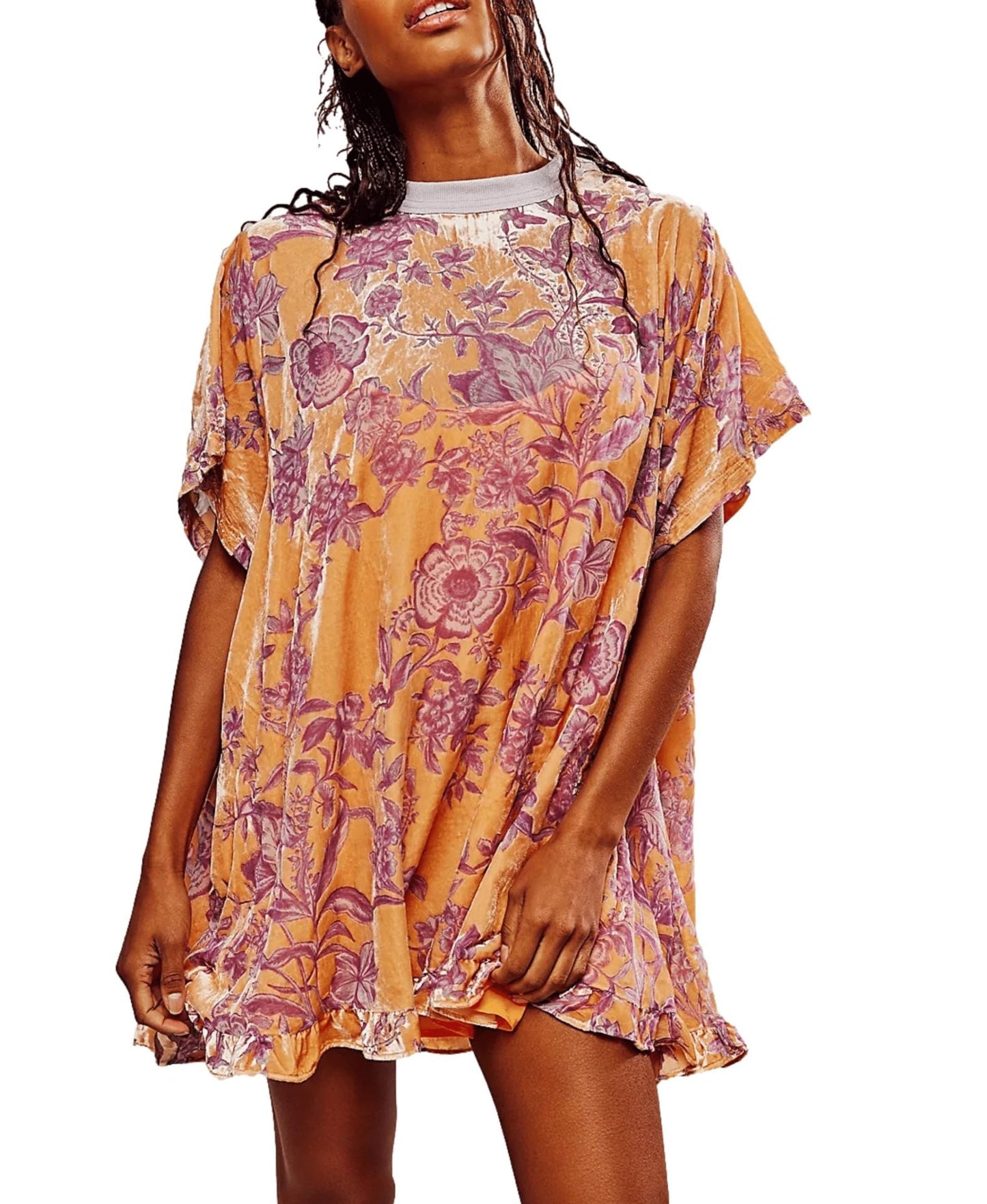 Floral Velvet Mini Dress with Crewneck and Ruffle Hem
