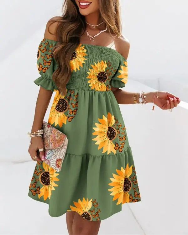 Printed Off-Shoulder Mini Dress with Smocked Bodice