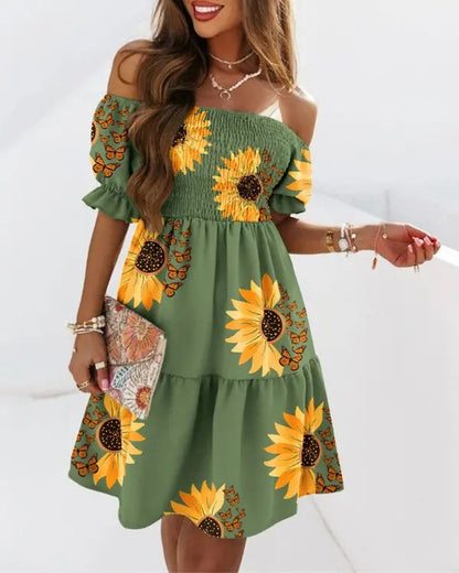 Printed Off-Shoulder Mini Dress with Smocked Bodice