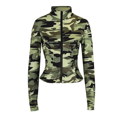 Slim Fit Camouflage Zip-Up Top with Thumbhole Sleeves