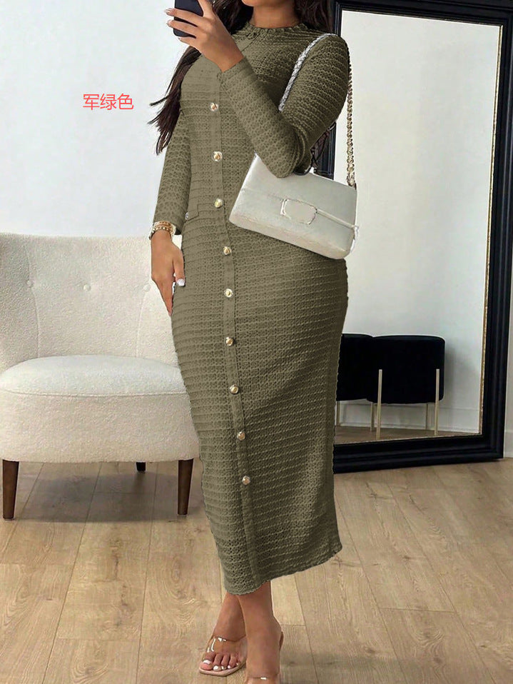 Textured Bodycon Midi Dress with Button Front