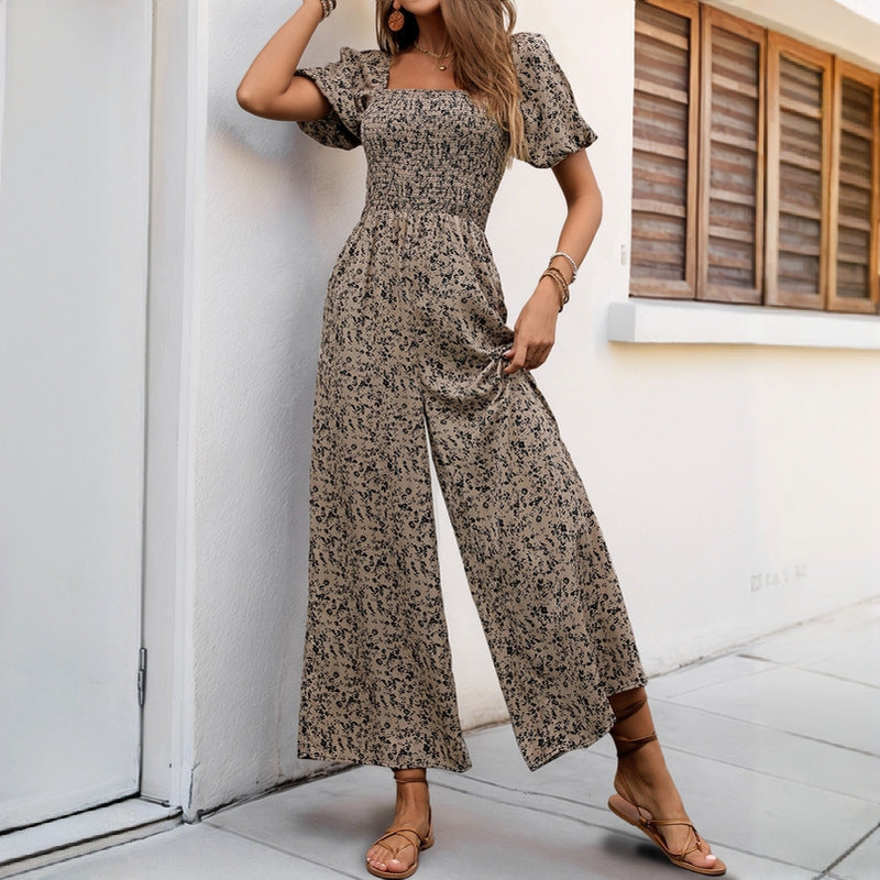 Floral Print Jumpsuit with Smocked Puff Sleeves and Wide Legs