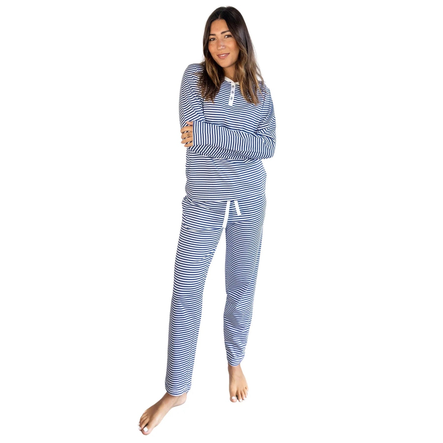 Striped Slim Fit Two-Piece Set with Henley Neck and Drawstring