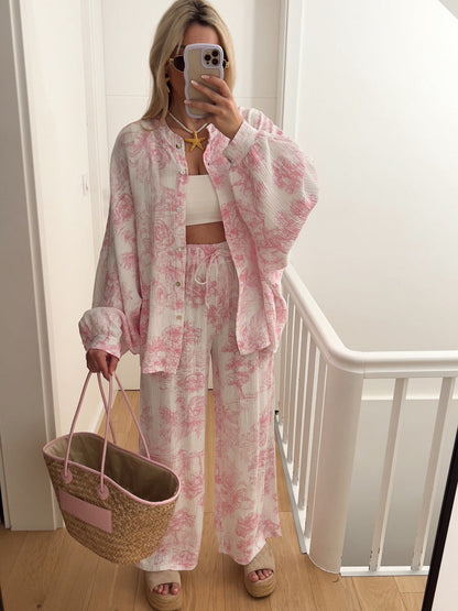 Toile Print Two-Piece Set with Oversized Shirt and Wide-Leg Pants