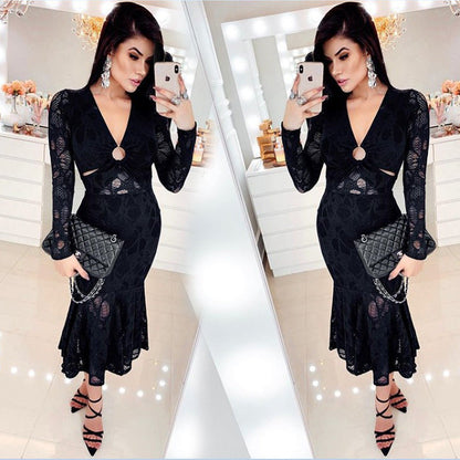 Lace Bodycon Midi Dress with Deep V-Neck and Waist Cutouts