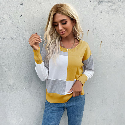 Contrast Color Patchwork Knitted Pullover with Round Neck