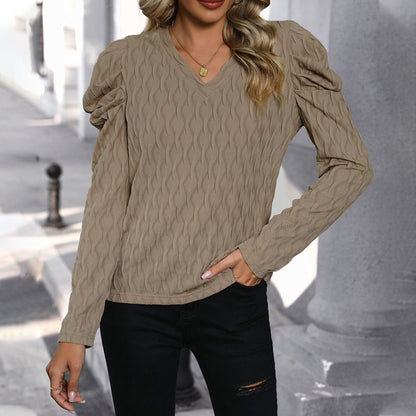 Textured Pullover with V-Neck and Puff Sleeves