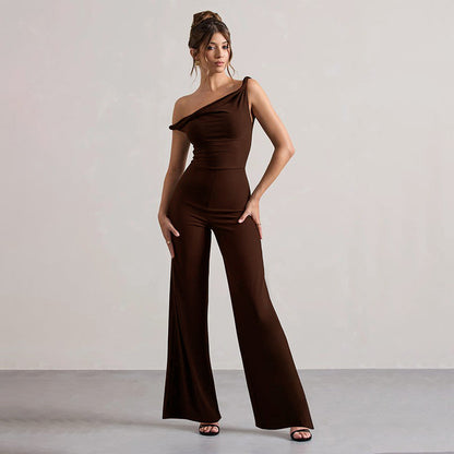 Sleeveless Slant Shoulder Lace-Up Trousers Black, Brown, Burgundy