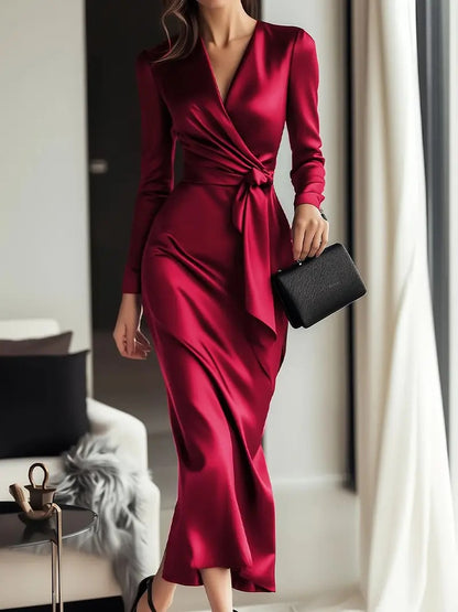 Satin V-Neck Wrap Midi Dress with Long Sleeves and Tie Waist