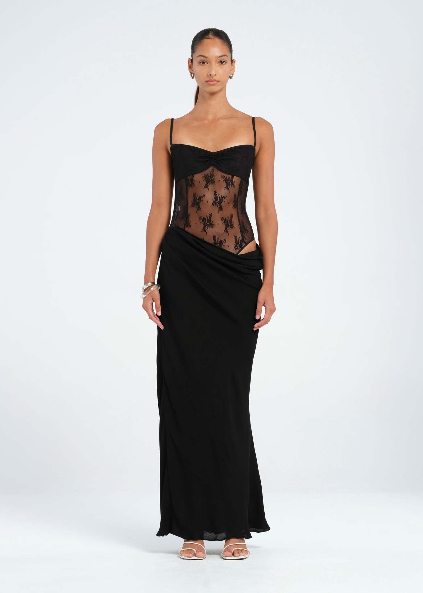 Mermaid Maxi Dress with Lace Bodice and Asymmetrical Draped Waist