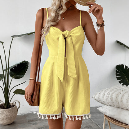 Waffle Romper with Front Bowknot and Tassel Hem