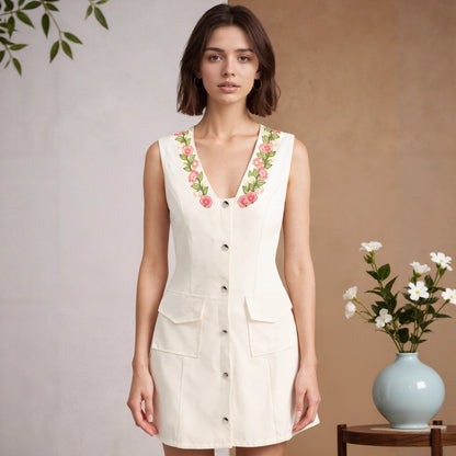 A-Line Vest Dress with Floral Embroidered V-Neck