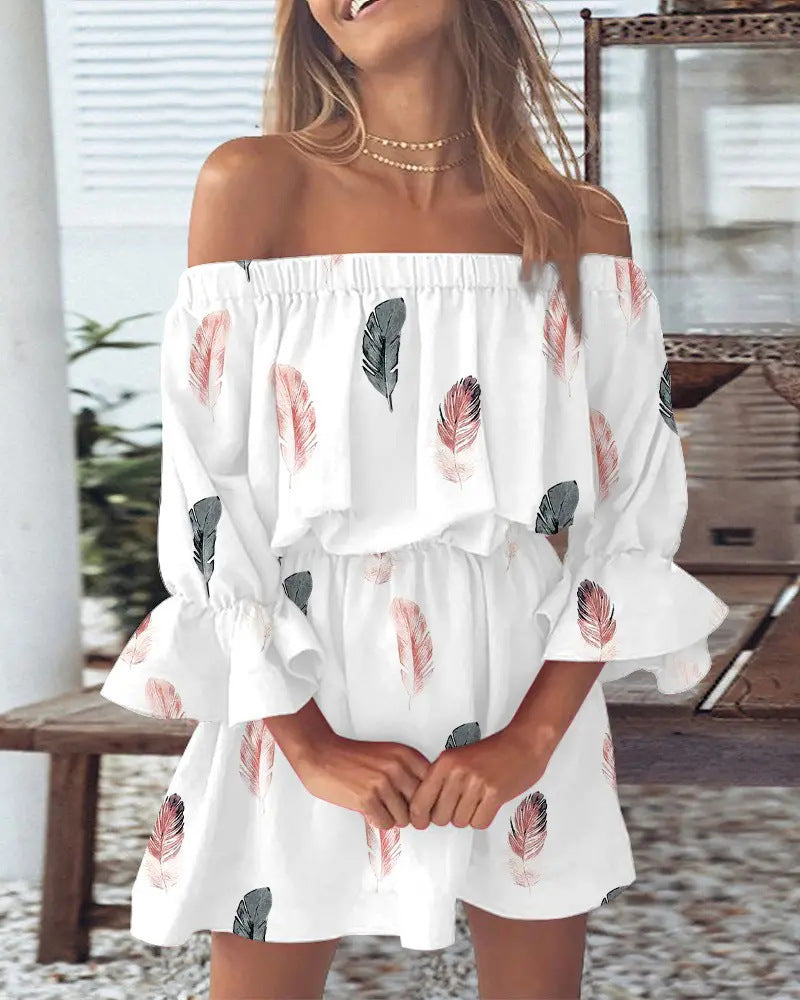 Printed Off-Shoulder Mini Dress with Elasticated Waist
