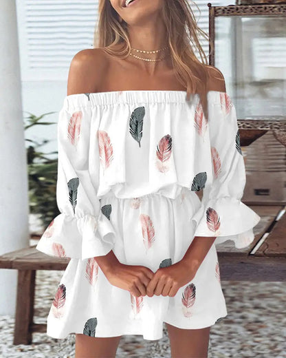 Printed Off-Shoulder Mini Dress with Elasticated Waist