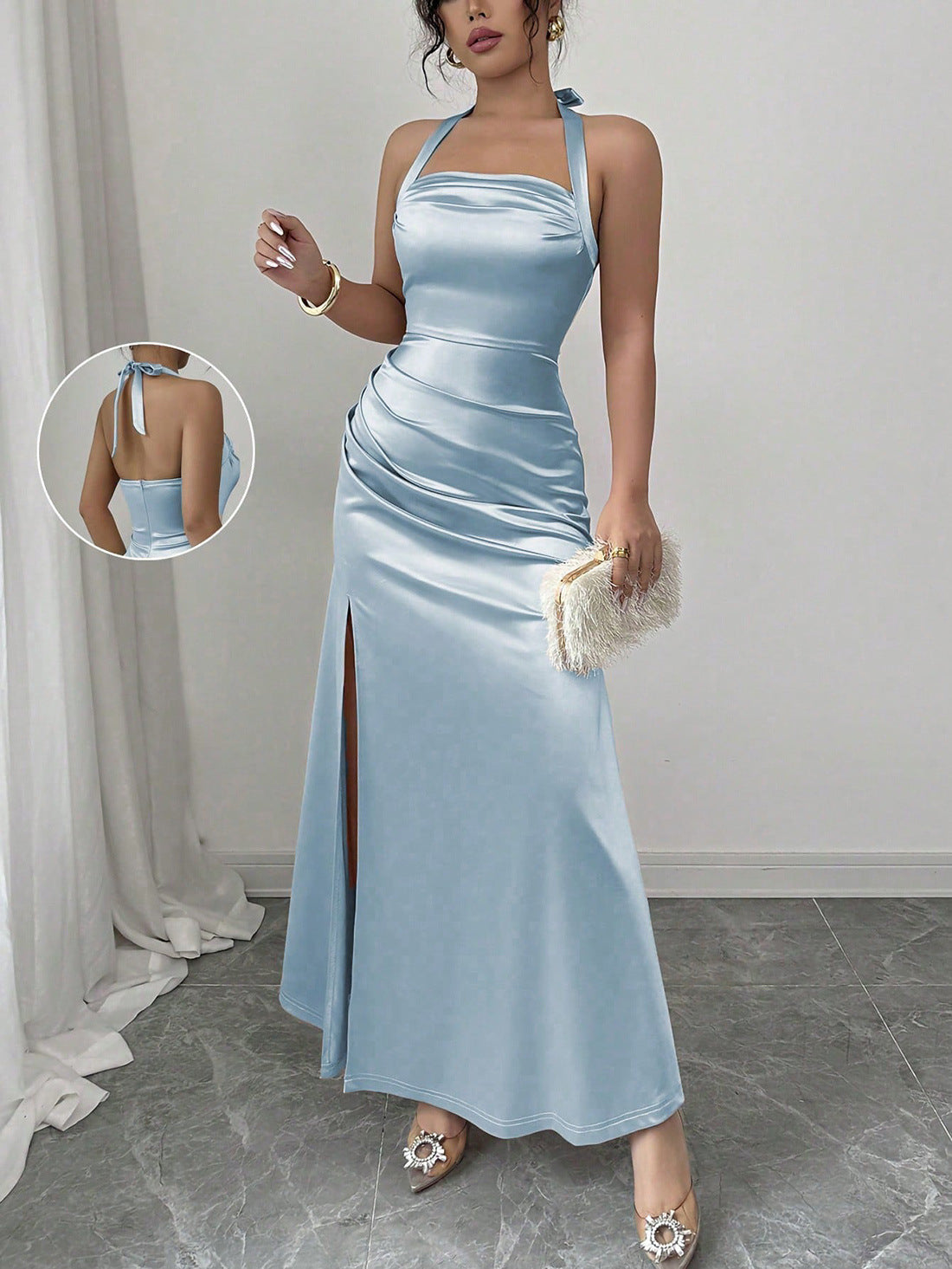 Ruched Satin Maxi Dress with Halterneck and Side Slit