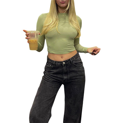 Slim Fit Long Sleeve Crewneck Top in Solid Colors
