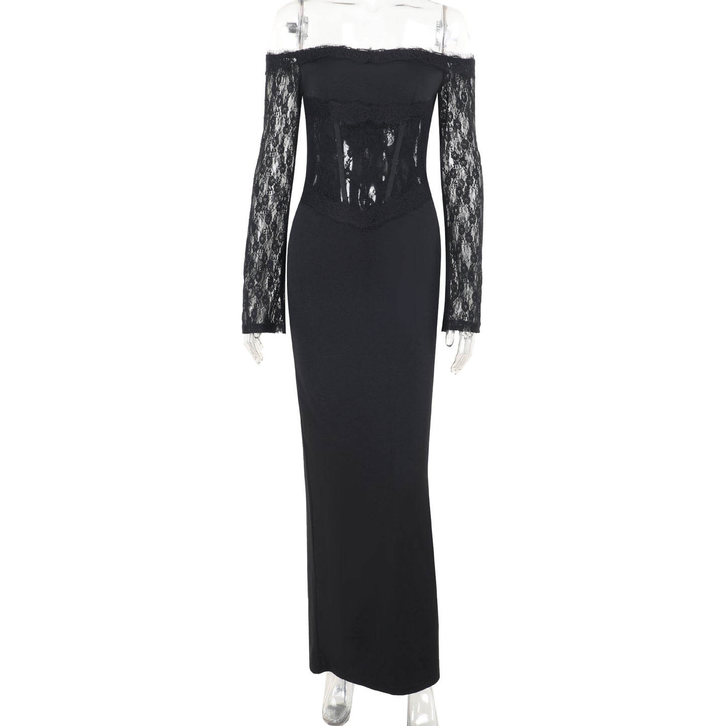Bodycon Maxi Dress with Off-the-Shoulder Lace Bodice