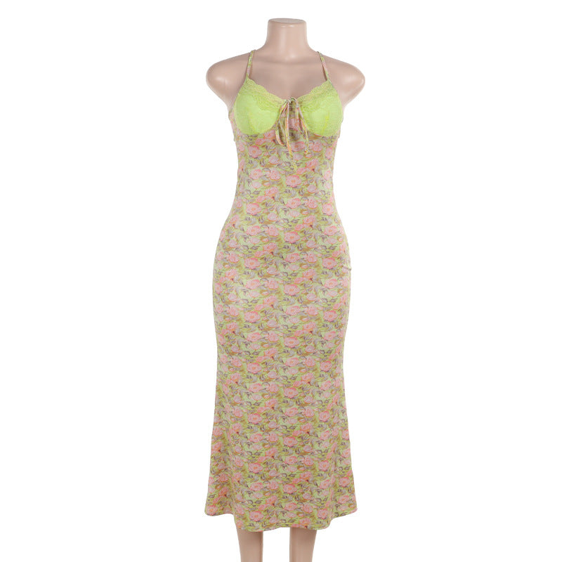 Floral Bodycon Maxi Dress with Lace Bust and Lace-Up Back