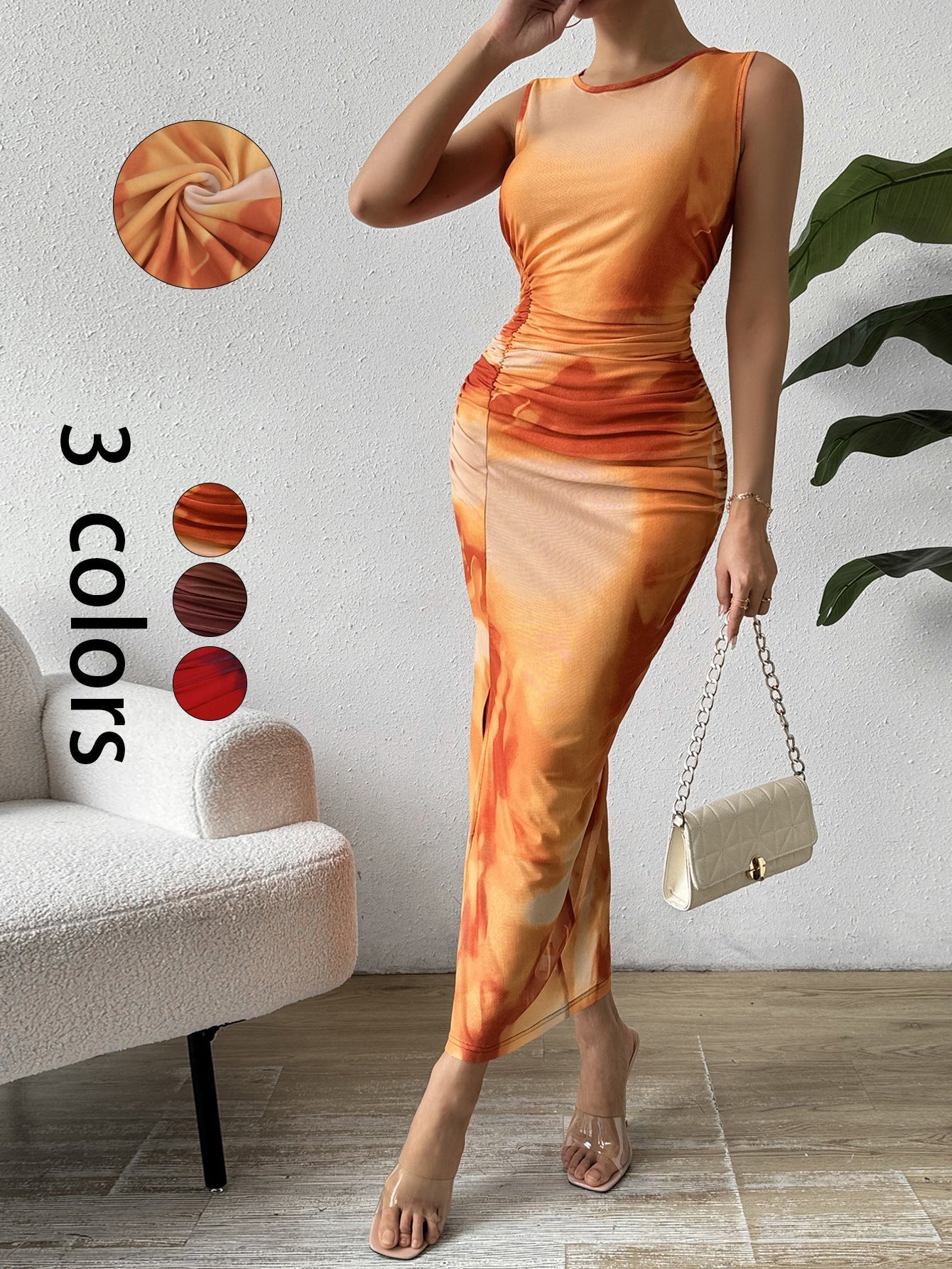 Sleeveless Ruched Bodycon Dress with Abstract Print and Side Slit