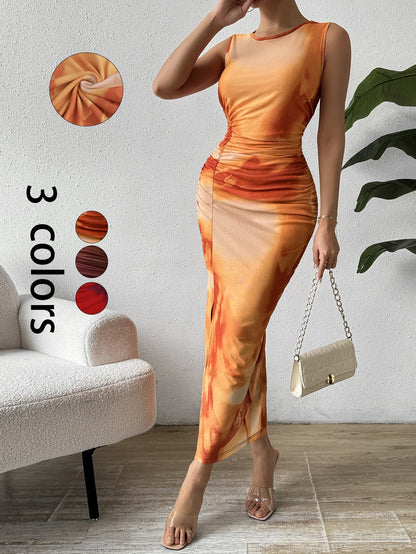 Sleeveless Ruched Bodycon Dress with Abstract Print and Side Slit
